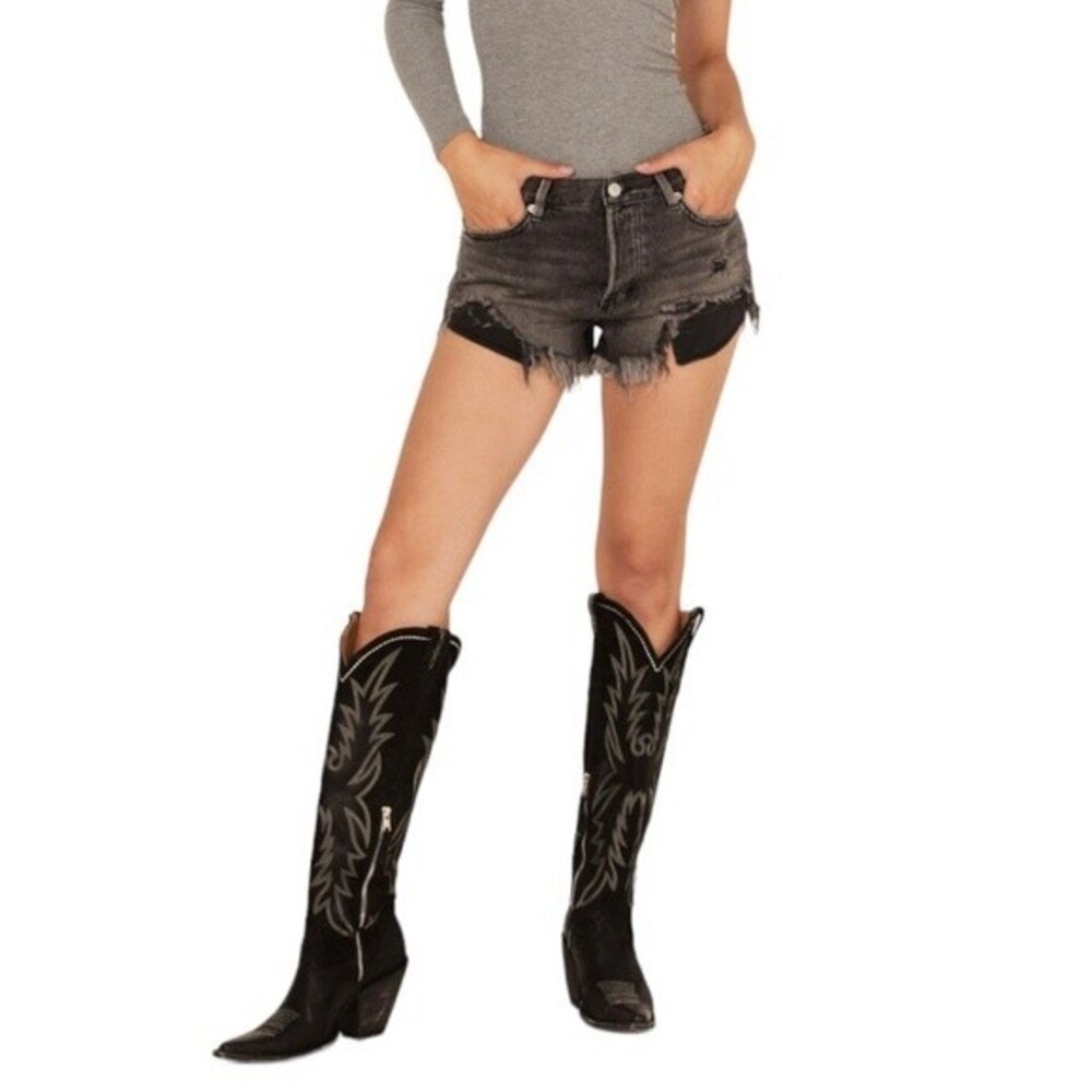 Free People Loving Good Vibrations Distressed High Rise Shorts Sulphur Black 30